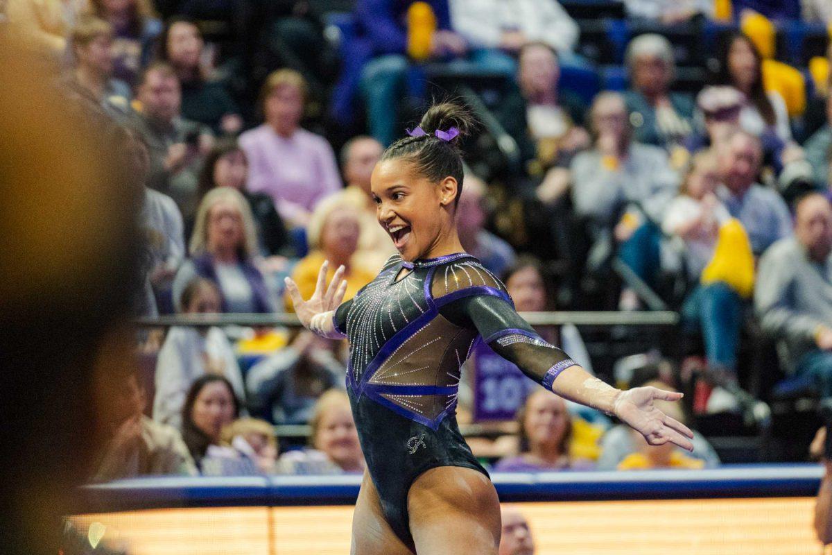 LSU gymnastics all-around senior Haleigh Bryant poses Friday, March 1, 2024, during LSU&#8217;s 198.325-197.325 win against Alabama in the Pete Maravich Assembly Center in Baton Rouge, La.