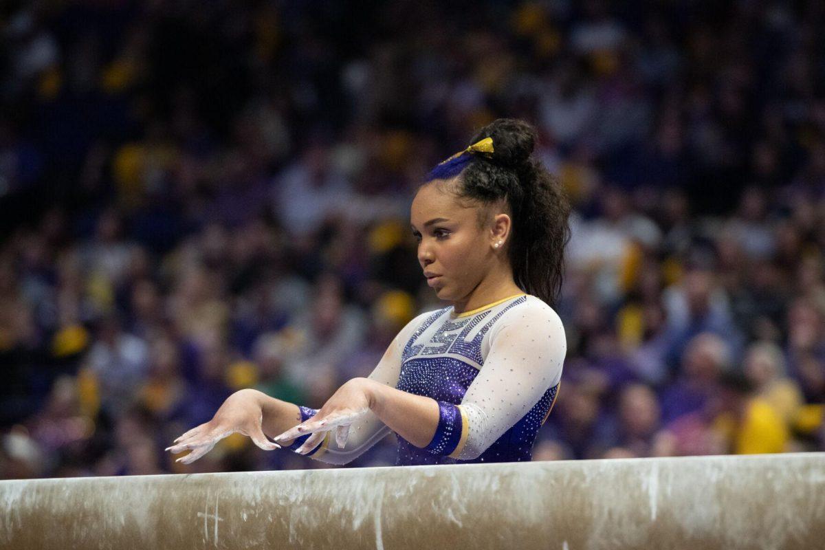 LSU gymnastics freshman all-around Konnor McClain prepares for her routine Friday, March 15, 2024, during LSU's 198.250-196.075 win against North Carolina at the Pete Maravich Assembly Center in Baton Rouge, La.