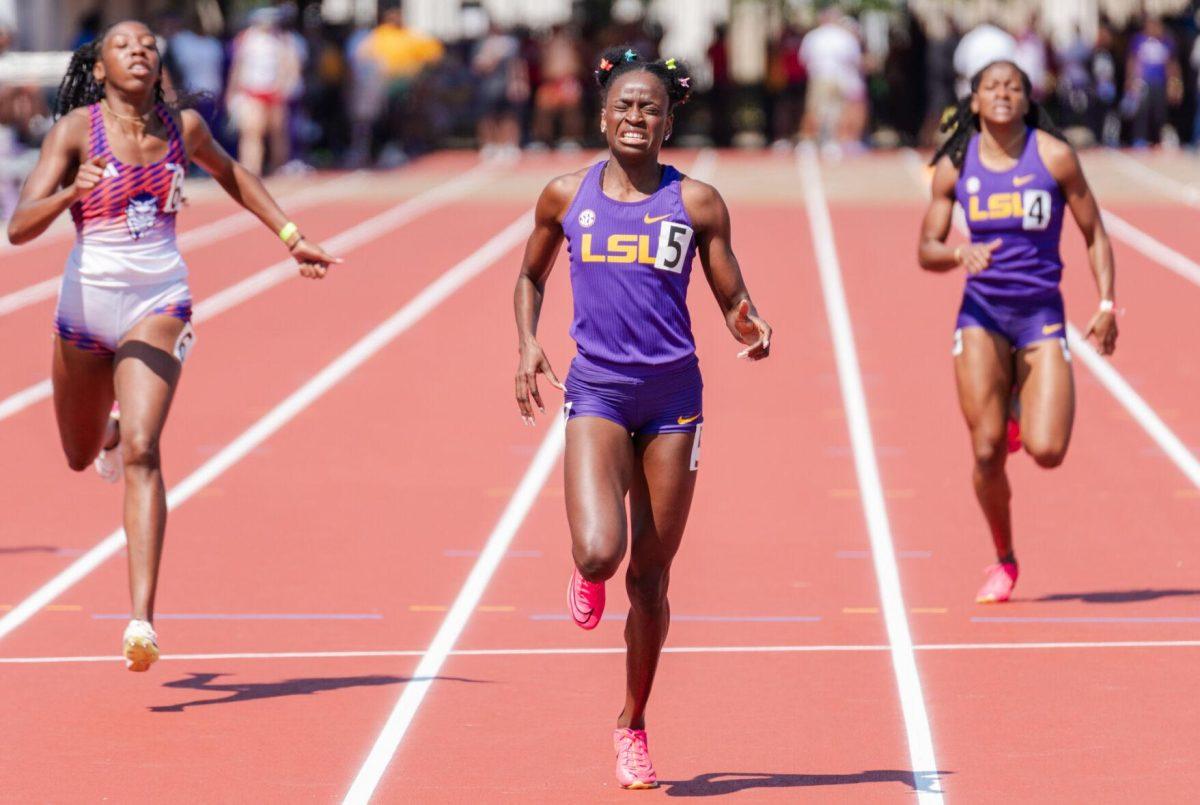 LSU track and field sprints sophomore Ella Onojuvwevwo finishes the 400m Saturday, March 23, 2024, during the Keyth Talley Invitational at the Bernie Moore Track Stadium in Baton Rouge, La.