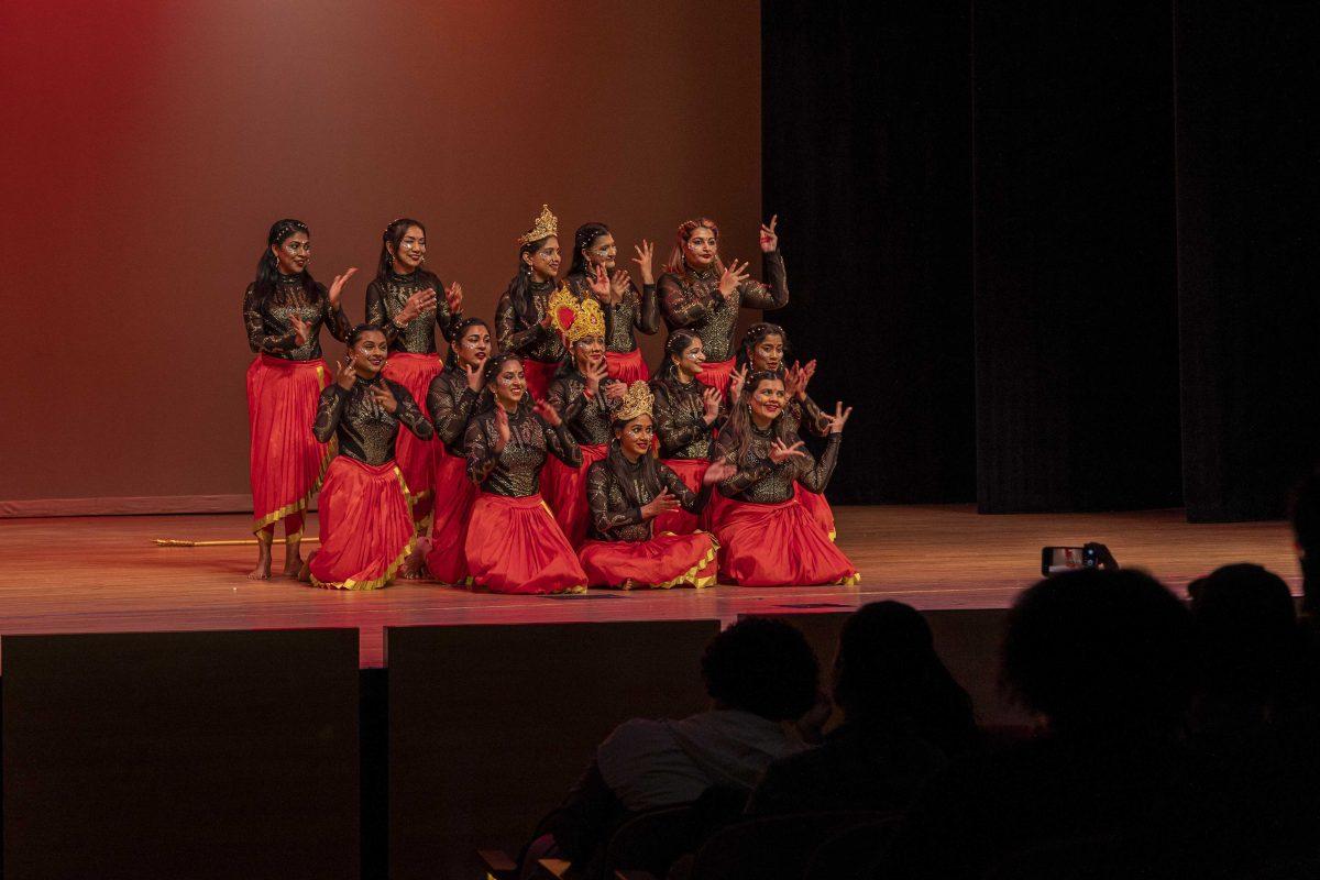 A group of ladies perform a traditional Indian fusion dance Wednesday, March 20, 2024, during the International Fusion night in the Union Theater on LSU's campus.