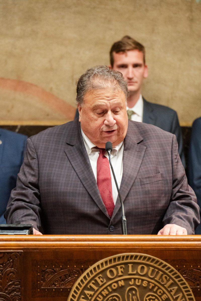 Louisiana Coastal Protection and Restortation Authority Chairman Gordon Dove speaks at the podium Monday, March 25, 2024, during Coastal Day 2024 at the State Capitol in Baton Rouge, La.