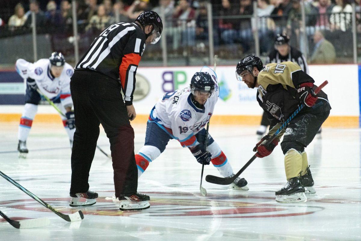 Baton Rouge Zydeco hockey rookie forward Scott Shorrock (19) faces off Thursday, Feb. 29, 2024, during Zydeco's 5-3 win against the Carolina Thunderbirds at the Raising Canes River Center in Baton Rouge, La.