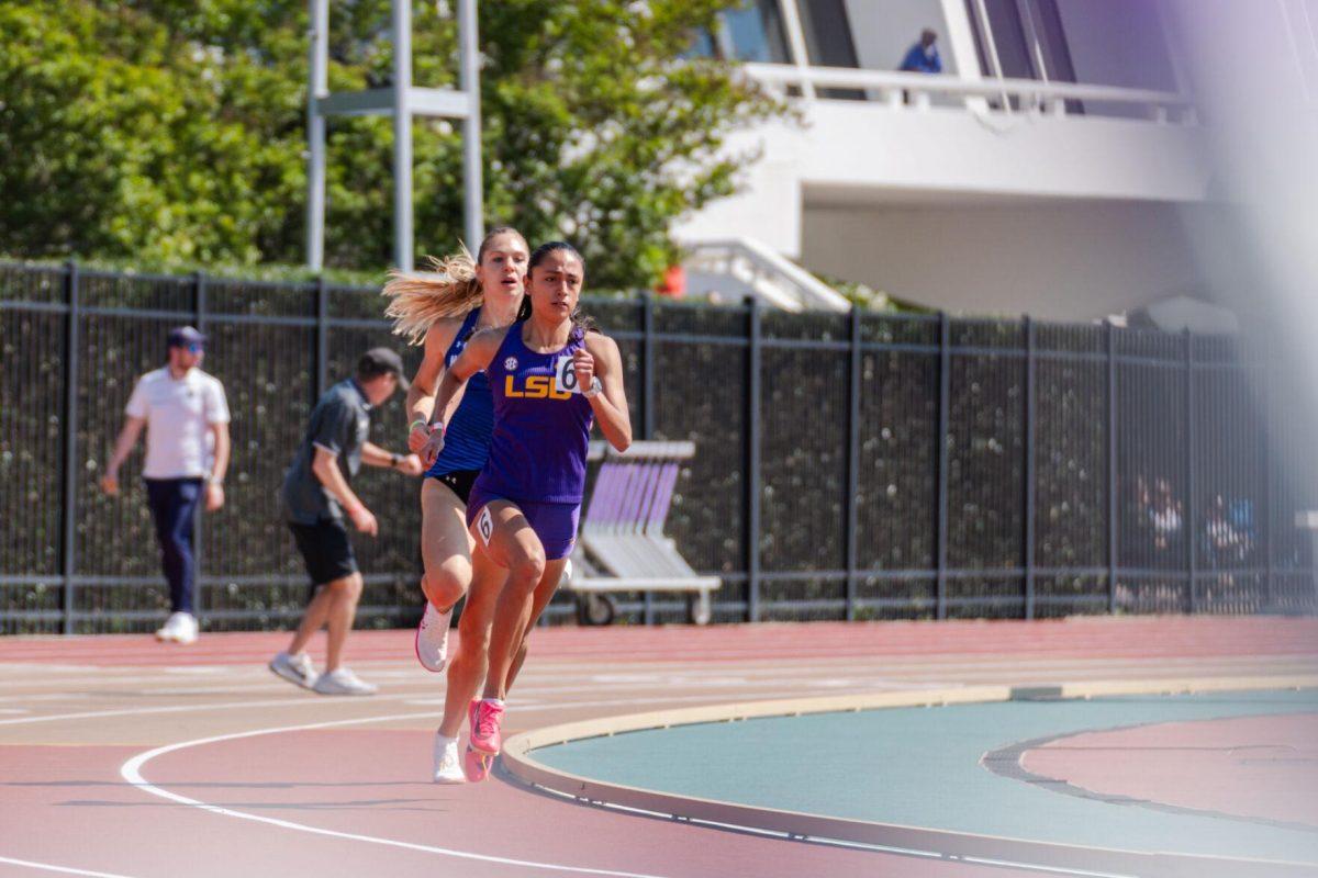 LSU track and field distance 5th-year senior Lorena Rangel Batres takes the final bend in the 600m Saturday, March 23, 2024, during the Keyth Talley Invitational at the Bernie Moore Track Stadium in Baton Rouge, La.