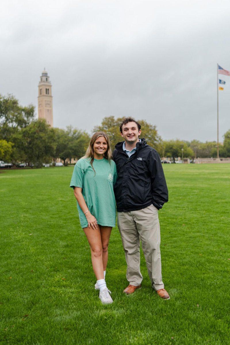 LSU sophomores Amelia Carman and Joseph Liberto pose for a photo Friday, March 8, 2024, on the LSU Parade Ground in Baton Rouge, La.