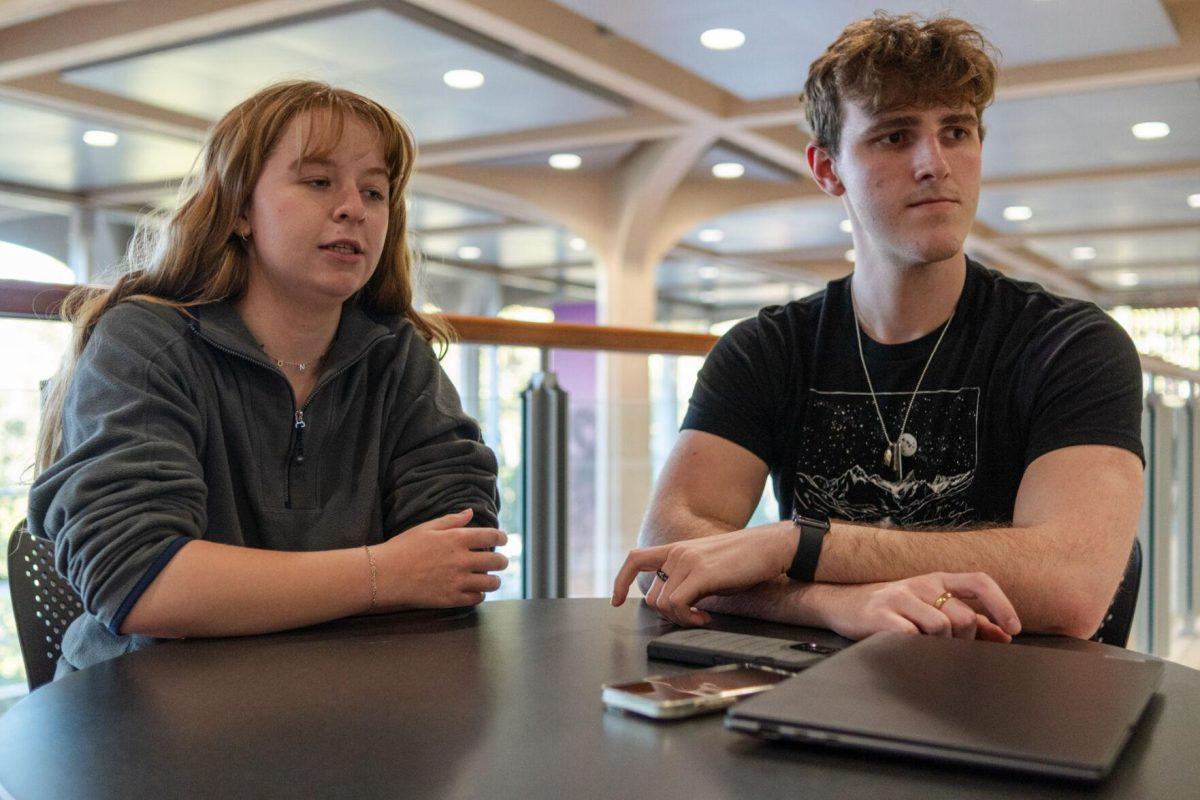 LSU mass communication junior Sydney Smith and political science junior John Michael Sweat answer interview questions Wednesday, March 6, 2024, inside the LSU Student Union in Baton Rouge, La.