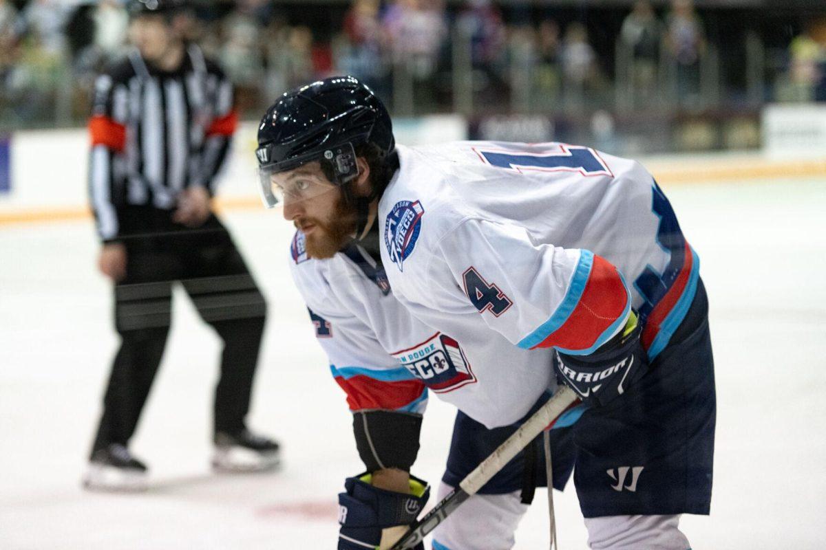 Baton Rouge Zydeco hockey rookie defenseman Michal Sivek (4) readies himself Thursday, Feb. 29, 2024, during Zydeco's 5-3 win against the Carolina Thunderbirds at the Raising Canes River Center in Baton Rouge, La.