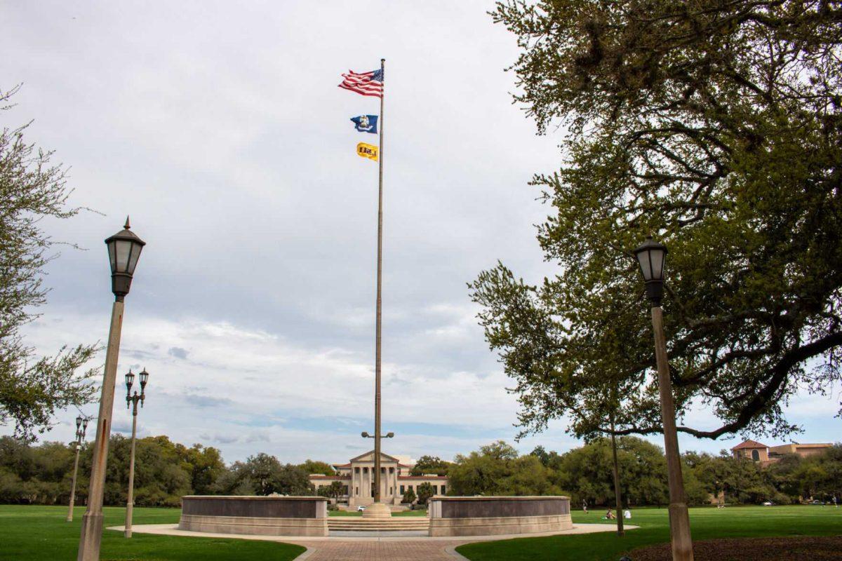 An American flag blows in the wind on Thursday, March 7, 2024, on the Parade Ground on LSU's campus.