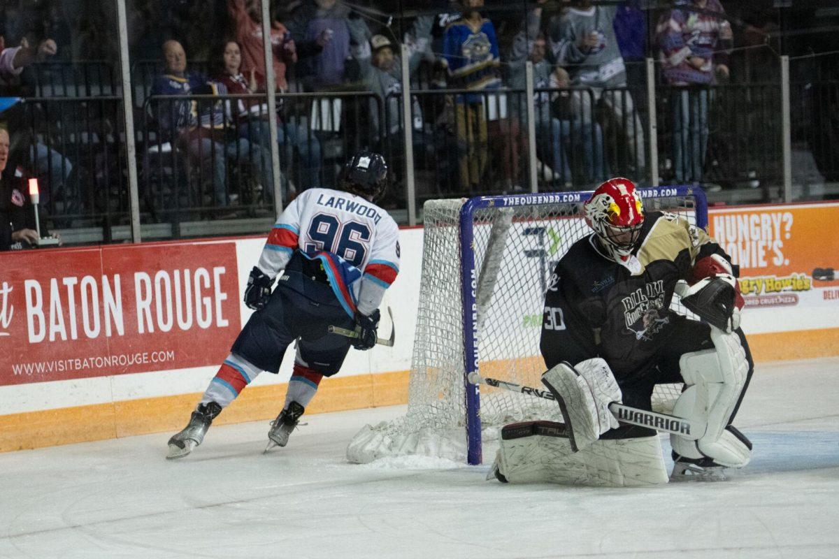 Baton Rouge Zydeco hockey rookie forward Tyler Larwood (96) celebrates Thursday, Feb. 29, 2024, during Zydeco's 5-3 win against the Carolina Thunderbirds at the Raising Canes River Center in Baton Rouge, La.