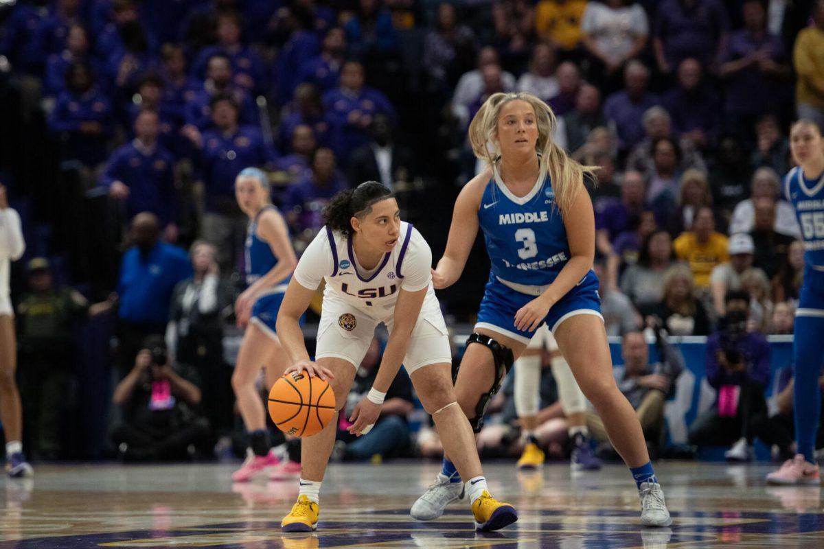 LSU women&#8217;s basketball freshman guard Angelica Velez (1) protects the ball Sunday, March 24, 2024, during LSU&#8217;s 83-56 second-round NCAA tournament win against Middle Tennessee at the Pete Maravich Center in Baton Rouge, La.