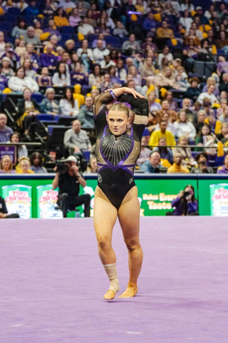 LSU gymnastics vault/balance beam/floor exercise graduate student Sierra Ballard poses Friday, March 1, 2024, during LSU&#8217;s 198.325-197.325 win against Alabama in the Pete Maravich Assembly Center in Baton Rouge, La.