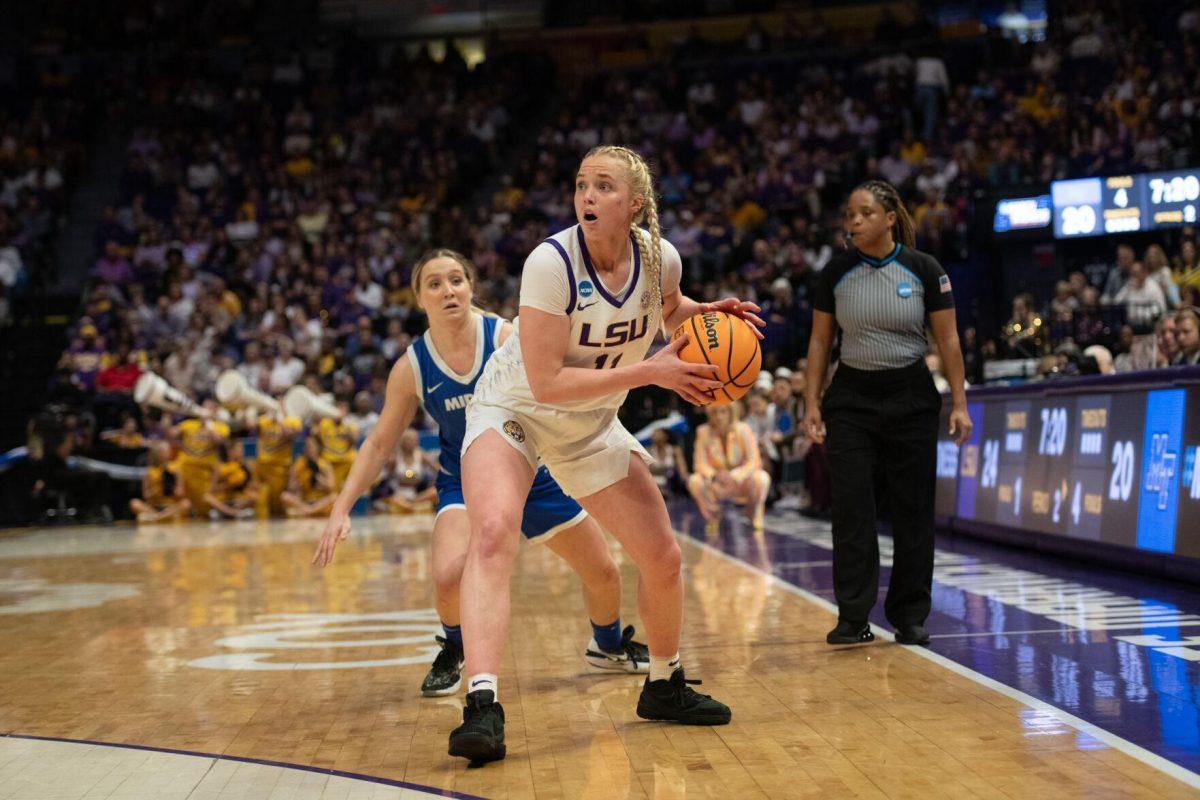 LSU women&#8217;s basketball graduate student guard Hailey Van Lith (11) holds the ball Sunday, March 24, 2024, during LSU&#8217;s 83-56 second-round NCAA tournament win against Middle Tennessee at the Pete Maravich Center in Baton Rouge, La.