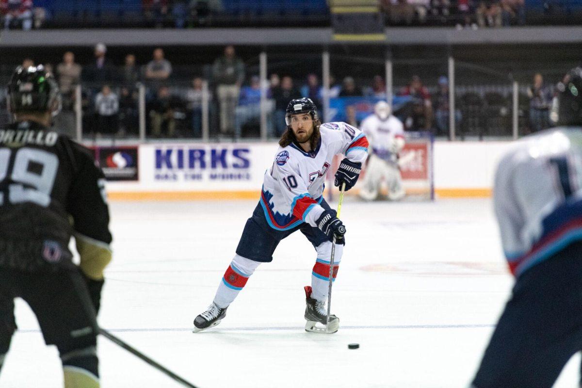 Baton Rouge Zydeco hockey rookie defenseman Michael Haskins (10) looks at the goal Thursday, Feb. 29, 2024, during Zydeco's 5-3 win against the Carolina Thunderbirds at the Raising Canes River Center in Baton Rouge, La.