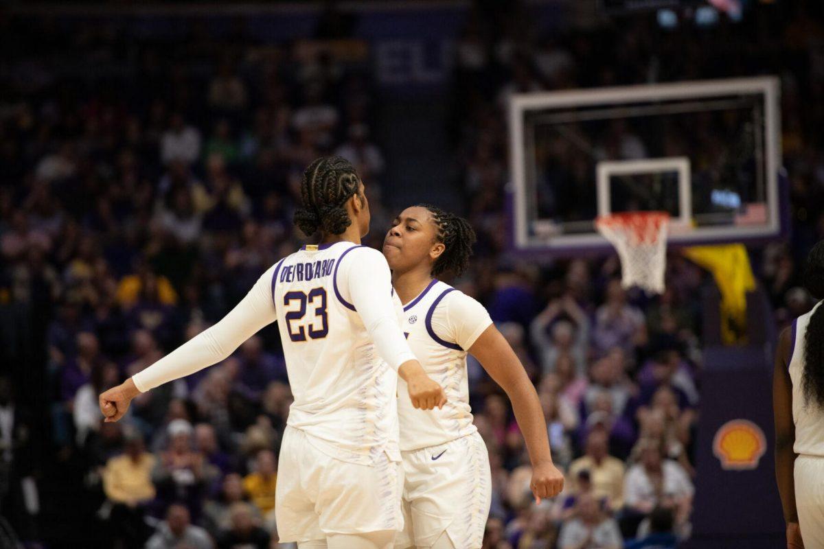 LSU women&#8217;s basketball freshman guard Mikaylah Williams (12) and freshman center Aalyah Del Rosario (23) celebrate with a chest bump Sunday, March 24, 2024, during&#160;LSU&#8217;s 83-56 second-round NCAA tournament win against Middle Tennessee at the Pete Maravich Center in Baton Rouge, La.