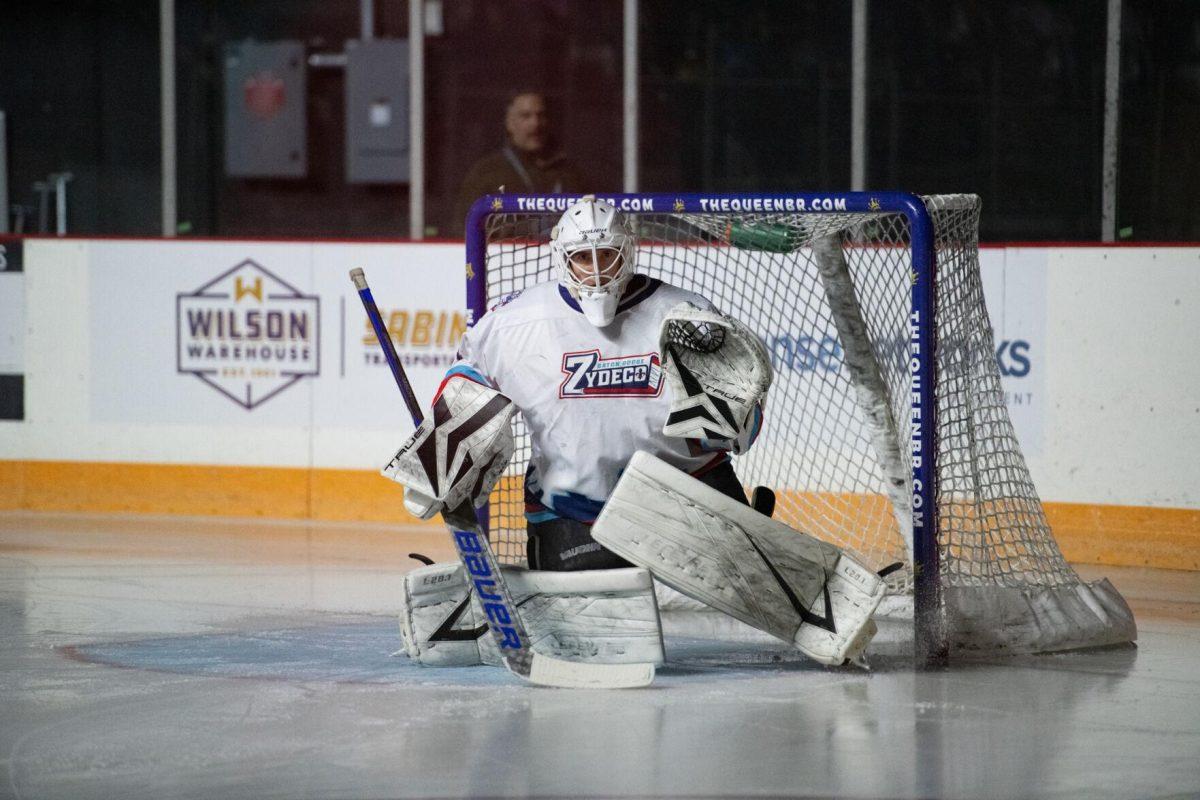 Baton Rouge Zydeco hockey rookie goaltender Bailey Stephens (1) kneels Thursday, Feb. 29, 2024, before Zydeco's 5-3 win against the Carolina Thunderbirds at the Raising Canes River Center in Baton Rouge, La.