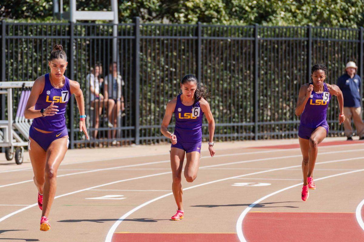 LSU track and field distance freshman Katie Johnson (left), distance 5th-year senior Lorena Rangel Batres (center) and distance junior Michaela Rose (right) start running in the 600m Saturday, March 23, 2024, during the Keyth Talley Invitational at the Bernie Moore Track Stadium in Baton Rouge, La.