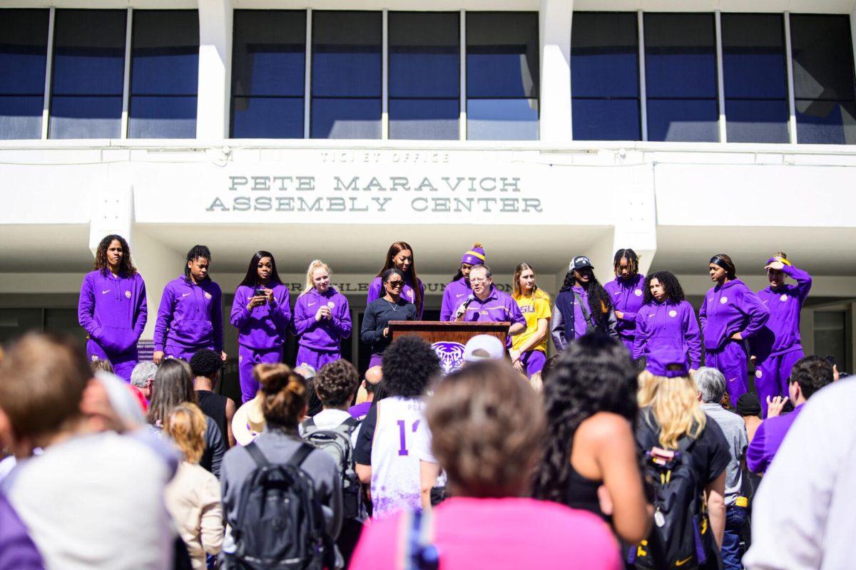 The LSU women&#8217;s basketball team stands on the stage on Wednesday, March 6, 2024, during the teams&#8217; send off at the Pete Maravich Assembly Center in Baton Rouge, La.