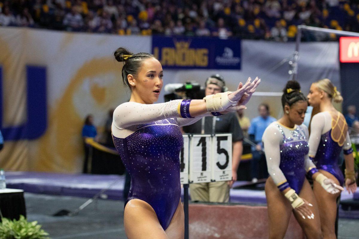 LSU gymnastics junior all-around Aleah Finnegan prepares for her vault Friday, March 15, 2024, during LSU's 198.250-196.075 win against North Carolina at the Pete Maravich Assembly Center in Baton Rouge, La.