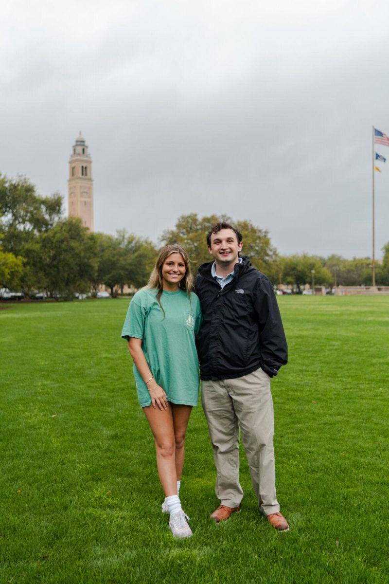 LSU sophomores Amelia Carman and Joseph Liberto pose for a photo Friday, March 8, 2024, on the LSU Parade Ground in Baton Rouge, La.