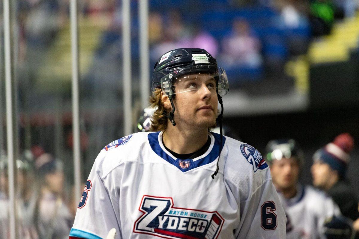 Baton Rouge Zydeco hockey pro forward Mathias Tellstrom (6) looks up at fans at intermission Thursday, Feb. 29, 2024, during Zydeco's 5-3 win against the Carolina Thunderbirds at the Raising Canes River Center in Baton Rouge, La.