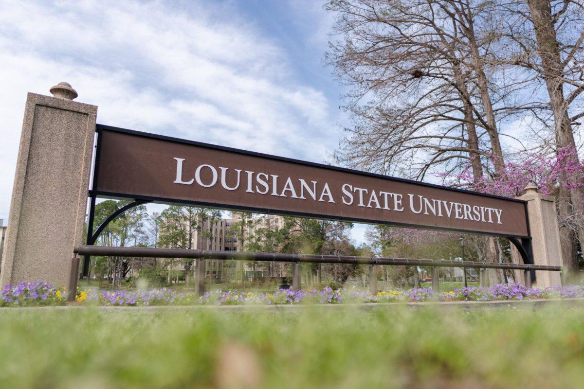 The Louisiana State University sign stands Sunday, March 10, 2024, on South Stadium Drive in Baton Rouge, La.