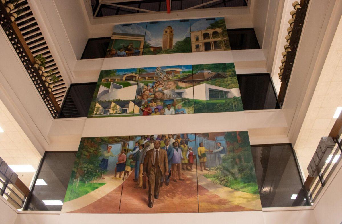 The on-campus mural sits in Julian T. White hall formally known as the Design building on Friday, March 1, 2024, on LSU's campus in Baton Rouge, La.