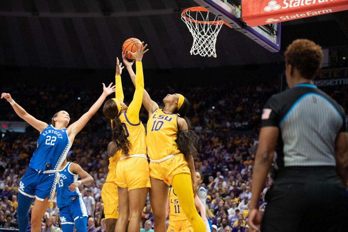 LSU women's basketball junior forward Angel Reese (10) grabs a rebound Sunday, March 3, 2024, during LSU&#8217;s 77-56 win against Kentucky at the Pete Maravich Assembly Center in Baton Rouge, La.