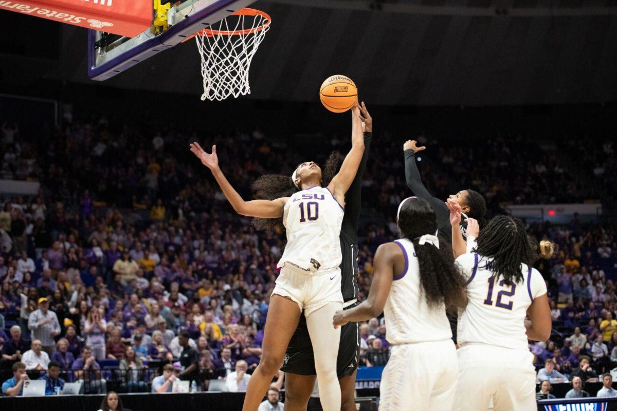 LSU women&#8217;s basketball junior forward Angel Reese (10) goes for the rebound Friday, March 22, 2024, during LSU&#8217;s 70-60 first-round NCAA March Madness tournament victory against Rice at the Pete Maravich Center in Baton Rouge, La.