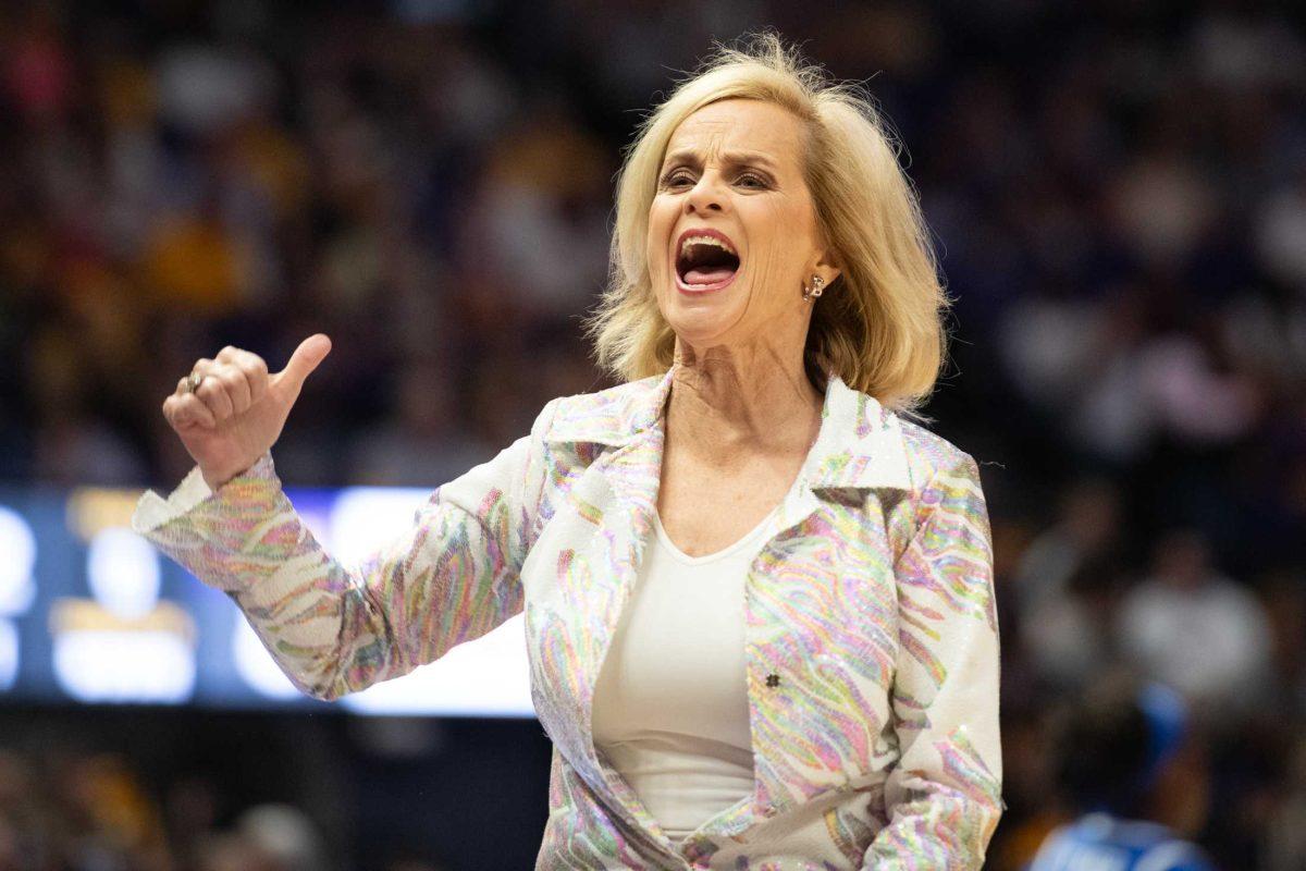 LSU women&#8217;s basketball head coach Kim Mulkey yells Sunday, March 3, 2024, during LSU&#8217;s 77-56 win against Kentucky at the Pete Maravich Assembly Center in Baton Rouge, La.