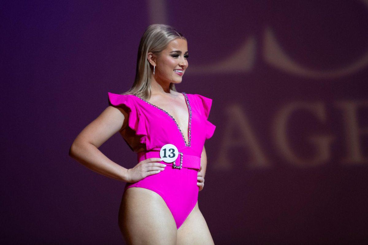 LSU marketing major Anna Kate Jackson shines in a rhinestone-studded swimsuit Sunday, March 24, 2024, during Delta Zeta's Miss LSU 2024 Pageant in the Union Theater in Baton Rouge, La.