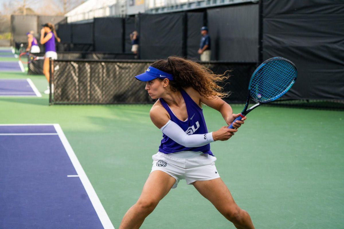 LSU women's tennis graduate student Maya Tahan hits a forehand during her 6-4 doubles win against ULM Sunday, March 3, 2024, at the LSU Tennis Complex on Gourrier Avenue in Baton Rouge, La.