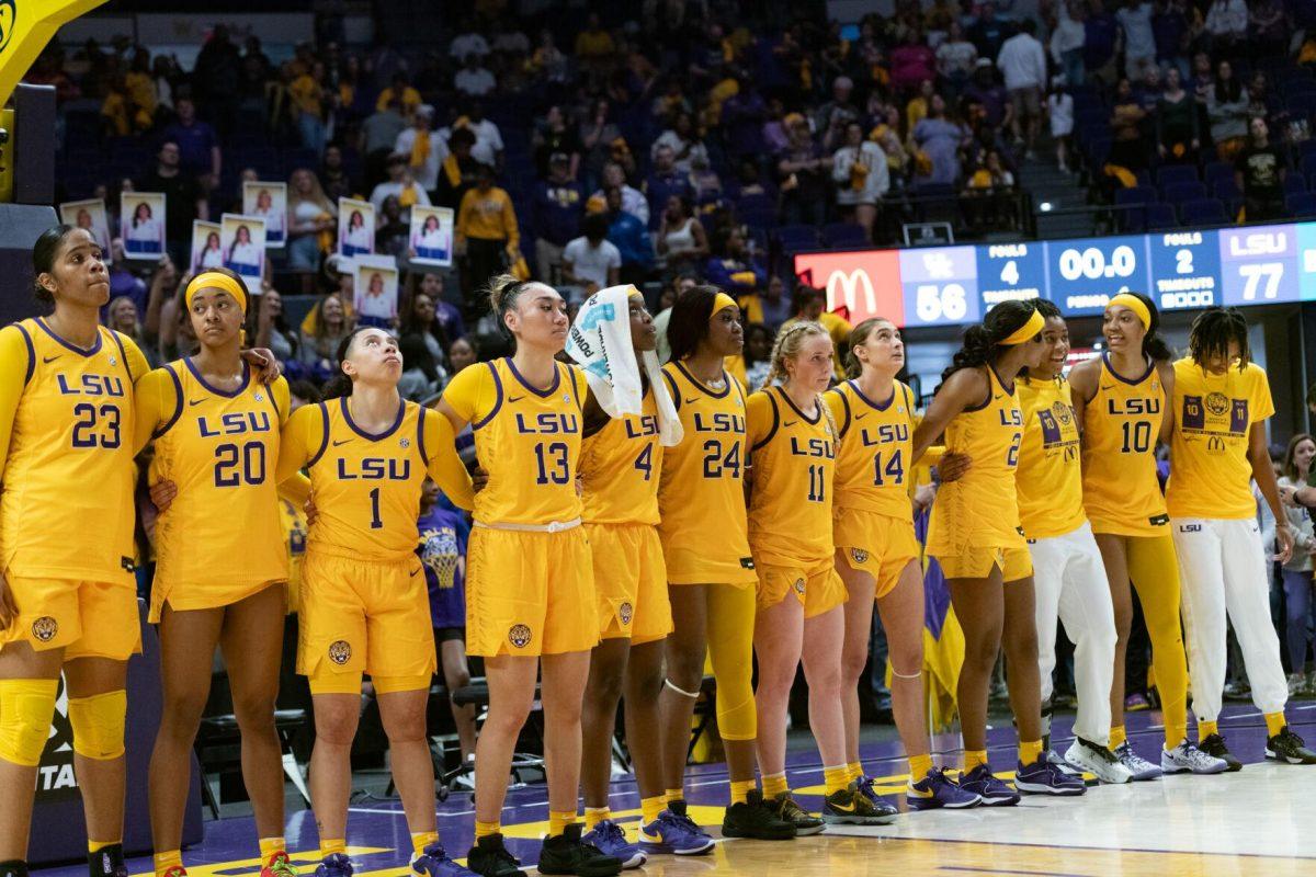 LSU women's basketball team stands together Sunday, March 3, 2024, after LSU&#8217;s 77-56 win against Kentucky at the Pete Maravich Assembly Center in Baton Rouge, La.