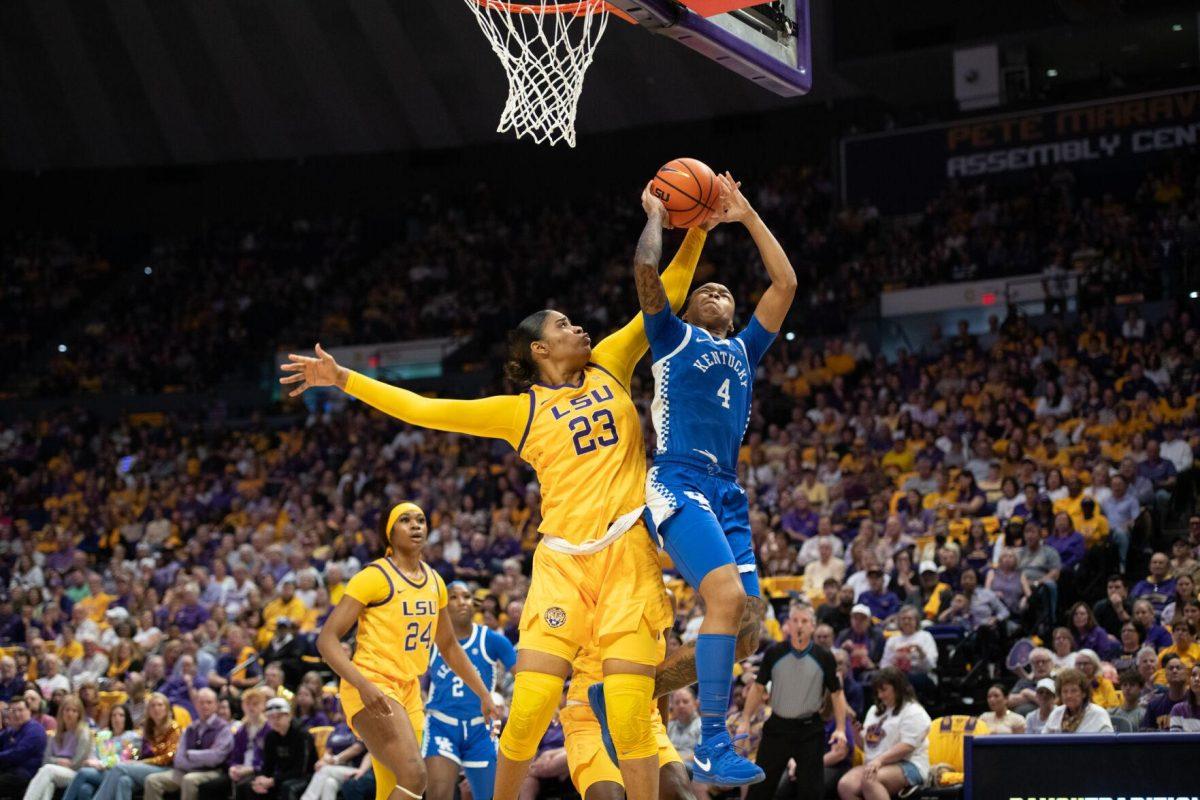 LSU women's basketball freshman center Aalyah Del Rosario (23) blocks Sunday, March 3, 2024, during LSU&#8217;s 77-56 win against Kentucky at the Pete Maravich Assembly Center in Baton Rouge, La.