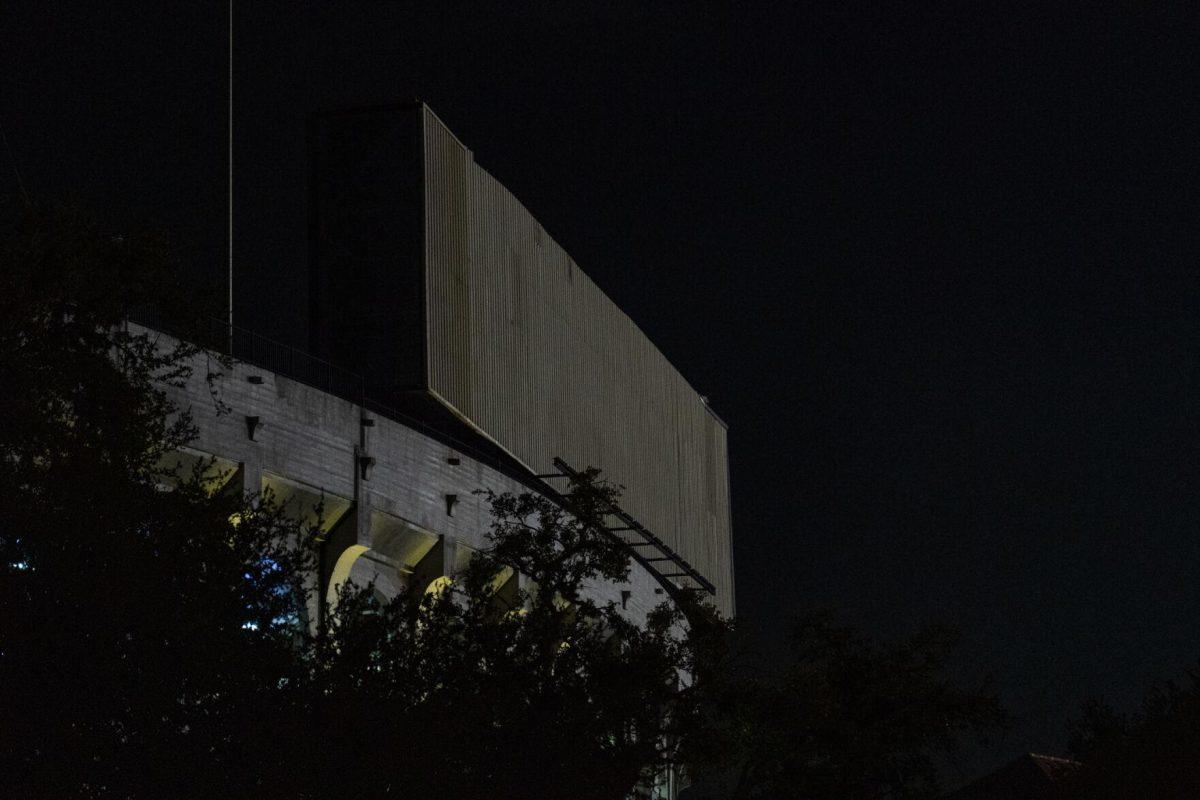 Tiger Stadium sits without its iconic lettering Friday, March 1, 2024, on LSU's campus in Baton Rouge, La.