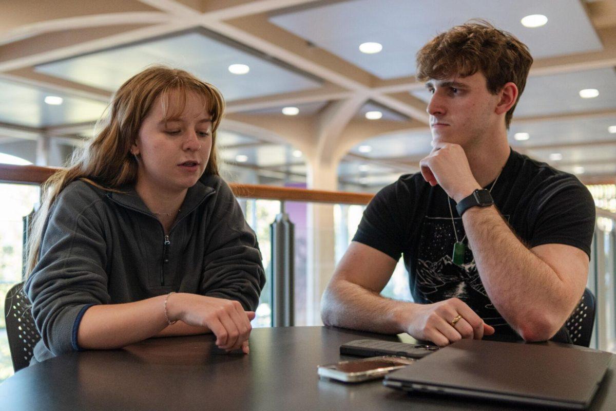 LSU mass communication junior Sydney Smith and political science junior John Michael Sweat answer interview questions Wednesday, March 6, 2024, inside the LSU Student Union in Baton Rouge, La.