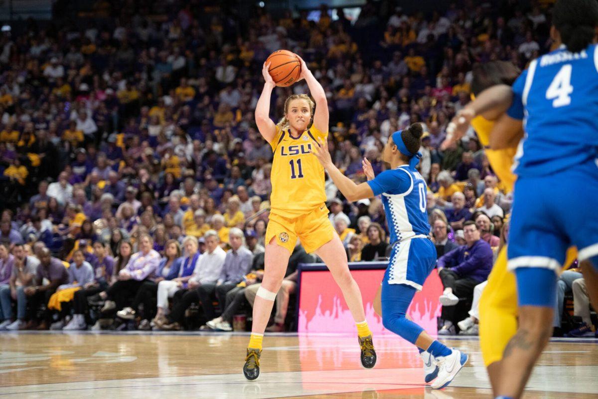 LSU women's basketball graduate student guard Hailey Van Lith (11) passes the ball Sunday, March 3, 2024, during LSU&#8217;s 77-56 win against Kentucky at the Pete Maravich Assembly Center in Baton Rouge, La.