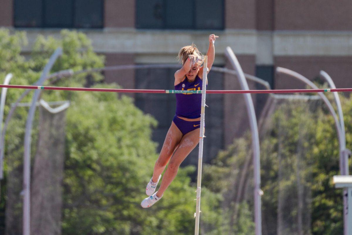 LSU track and field jumps junior Johanna Duplantis clears the bar Saturday, March 23, 2024, during the Keyth Talley Invitational at the Bernie Moore Track Stadium in Baton Rouge, La.