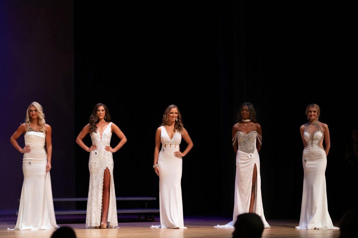 The top 5 finalists stand on stage Sunday, March 24, 2024, during Delta Zeta's Miss LSU 2024 Pageant in the Union Theater in Baton Rouge, La.