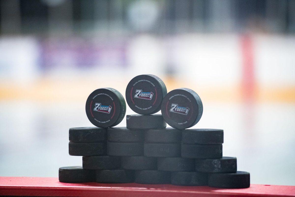 Hockey pucks sit on a ledge Thursday, Feb. 29, 2024, before Zydeco's 5-3 win against the Carolina Thunderbirds at the Raising Canes River Center in Baton Rouge, La.