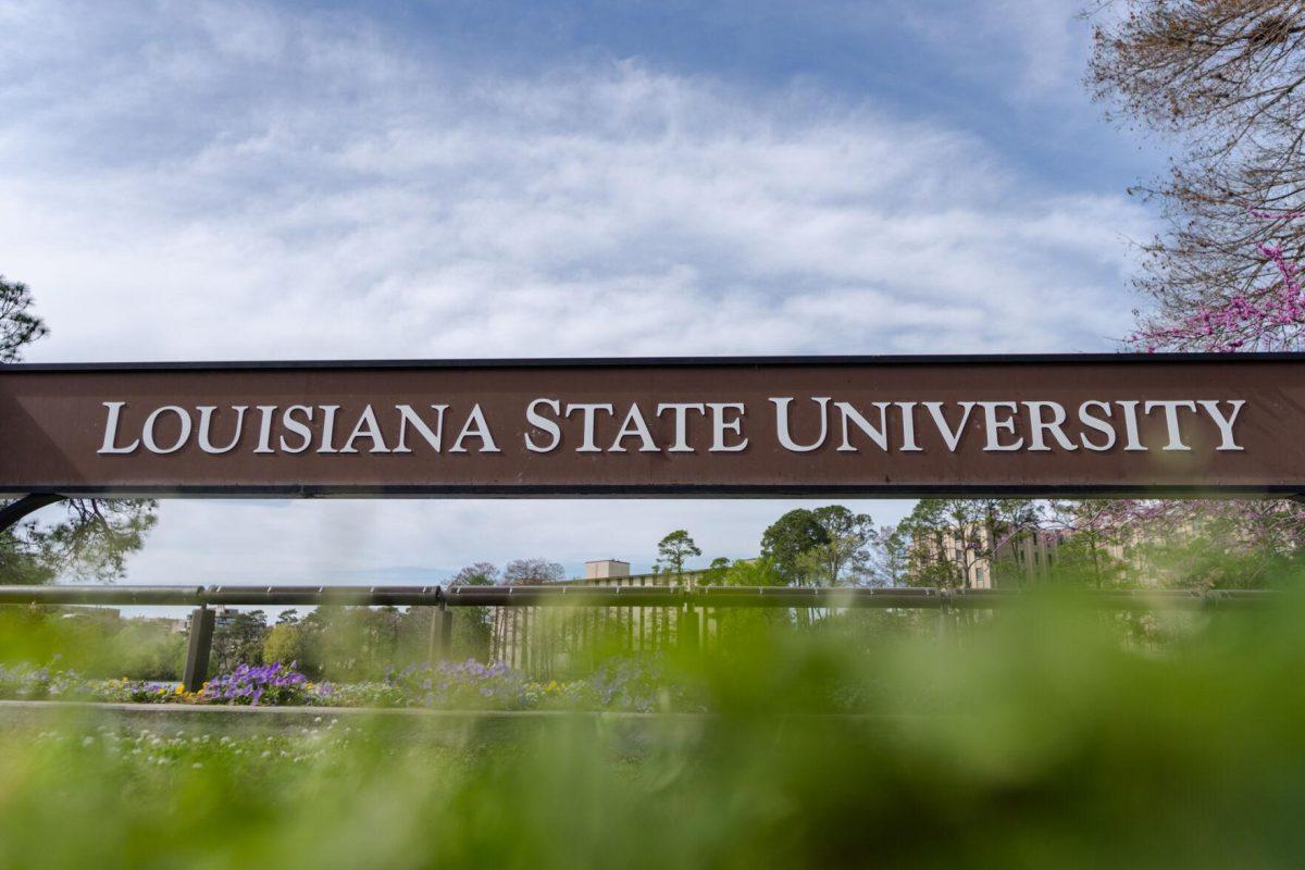 The Louisiana State University sign stands Sunday, March 10, 2024, on South Stadium Drive in Baton Rouge, La.