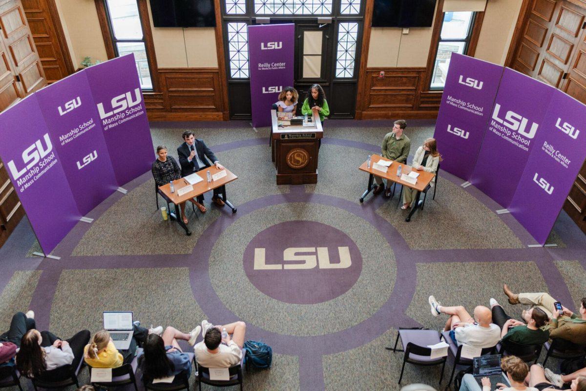 The two campaigns for student body president and vice president sit for a debate Monday, March 18, 2024, inside the Holliday Forum at LSU in Baton Rouge, La.