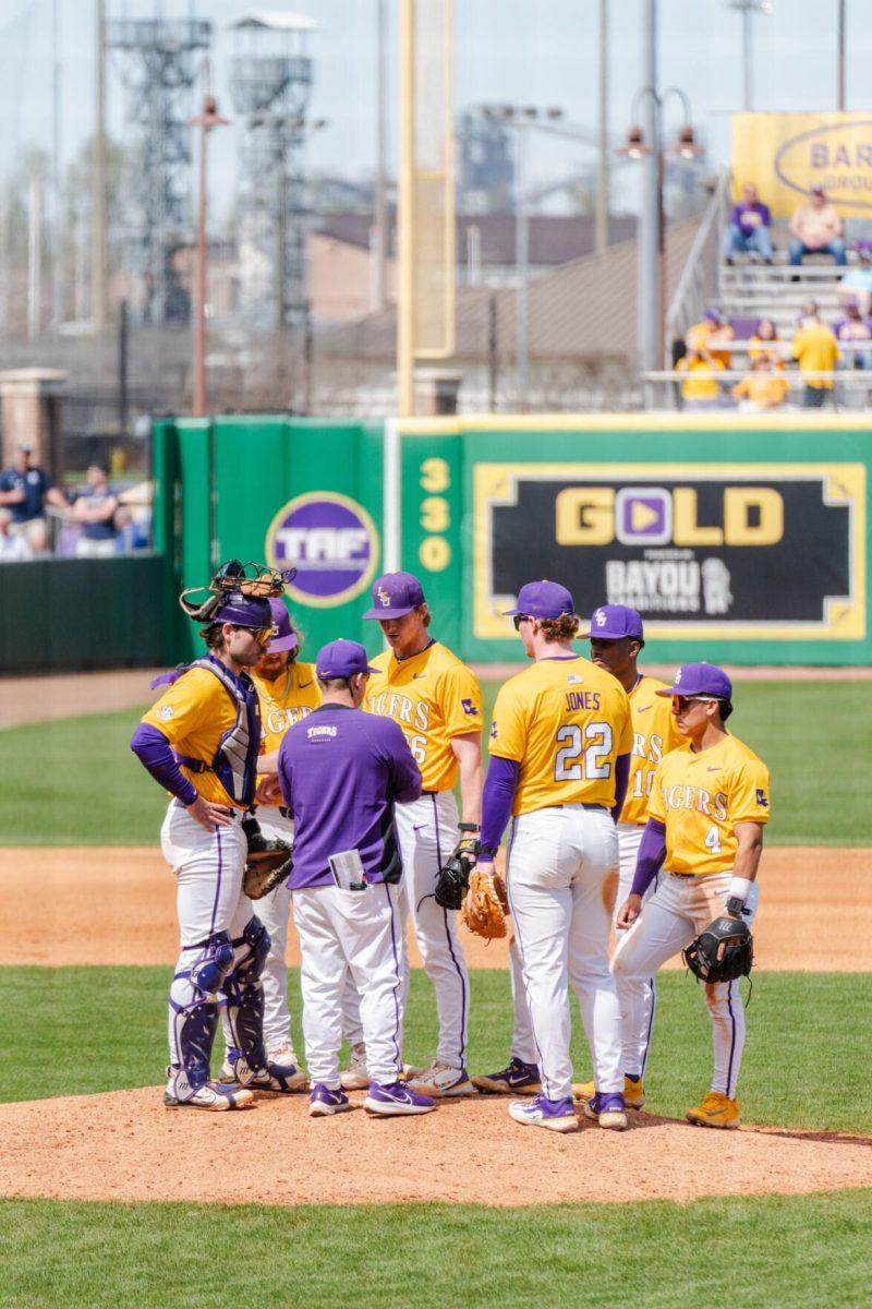 The LSU baseball team meets at the mound Sunday, March 10, 2024, during LSU's 2-1 loss to Xavier in Alex Box Stadium in Baton Rouge, La.