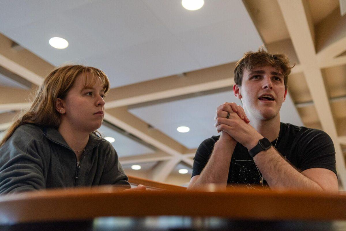 LSU mass communication junior Sydney Smith and political science junior John Michael Sweat answer interview questions Wednesday, March 6, 2024, inside the LSU Student Union in Baton Rouge, La.