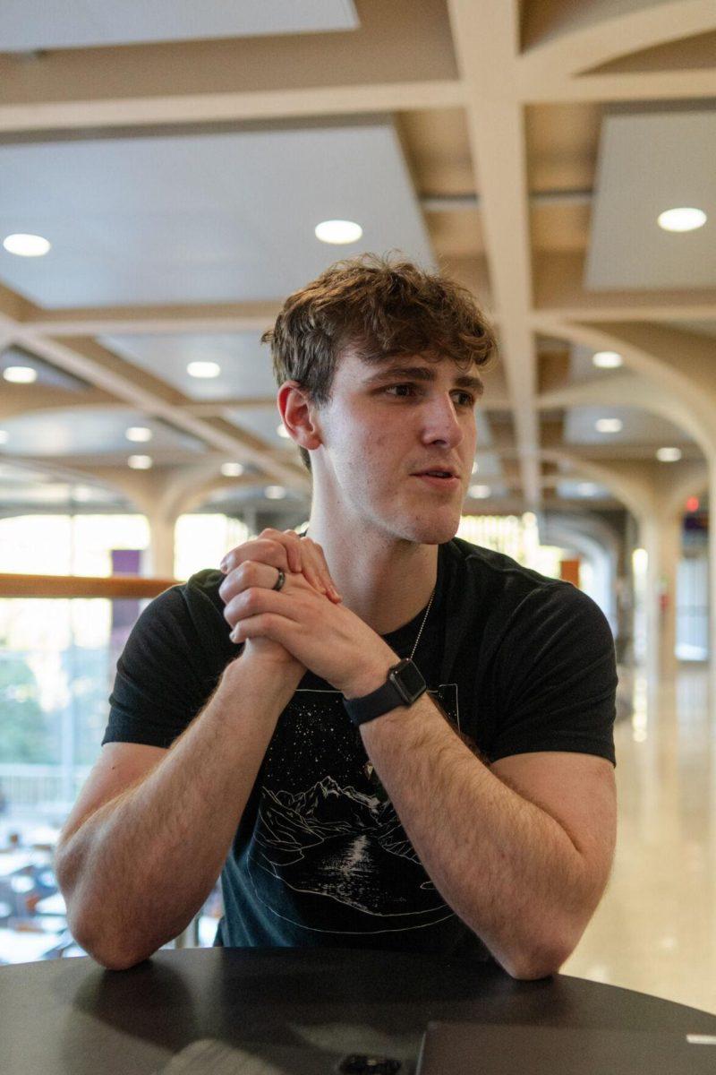 LSU political science junior John Michael Sweat answers interview questions Wednesday, March 6, 2024, inside the LSU Student Union in Baton Rouge, La.