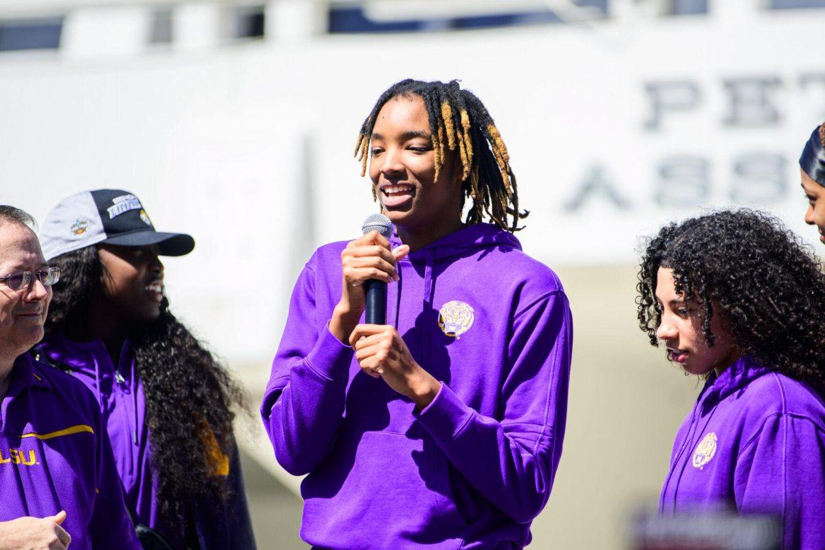 LSU women&#8217;s basketball sophomore forward Sa&#8217;Myah Smith speaks about her role on the team on Wednesday, March 6, 2024, during LSU women&#8217;s basketball&#8217;s send off at the Pete Maravich Assembly Center in Baton Rouge, La.