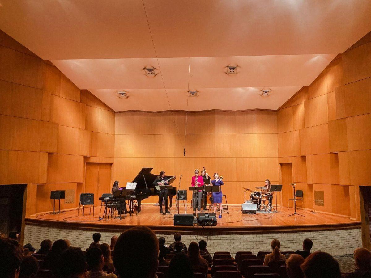 Yeeun Kim (piano), Bailey Ehrgott (guitar), Autumn Dominguez (saxophone), Molly Redfield (bass), Kellin Hanas (trumpet), Rose Cangelosi (drums) perform Friday, March 1, 2024, at the LSU Music building on Baton Rouge, La.