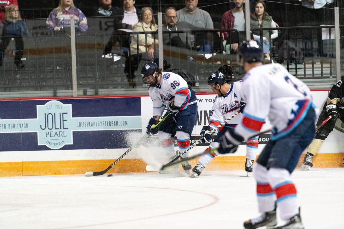 Baton Rouge Zydeco hockey rookie forward Tyler Larwood (96) and veteran forward MJ Graham (8) chase after the puck Thursday, Feb. 29, 2024, during Zydeco's 5-3 win against the Carolina Thunderbirds at the Raising Canes River Center in Baton Rouge, La.