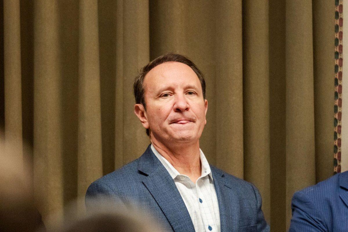 Gov. Jeff Landry licks his lips Monday, March 25, 2024, before speaking at Coastal Day 2024 at the Louisiana State Capitol.