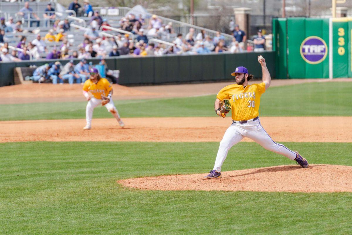 LSU baseball senior pitcher Nate Ackenhausen (3) throws the ball Sunday, March 10, 2024, during LSU's 2-1 loss to Xavier in Alex Box Stadium in Baton Rouge, La.