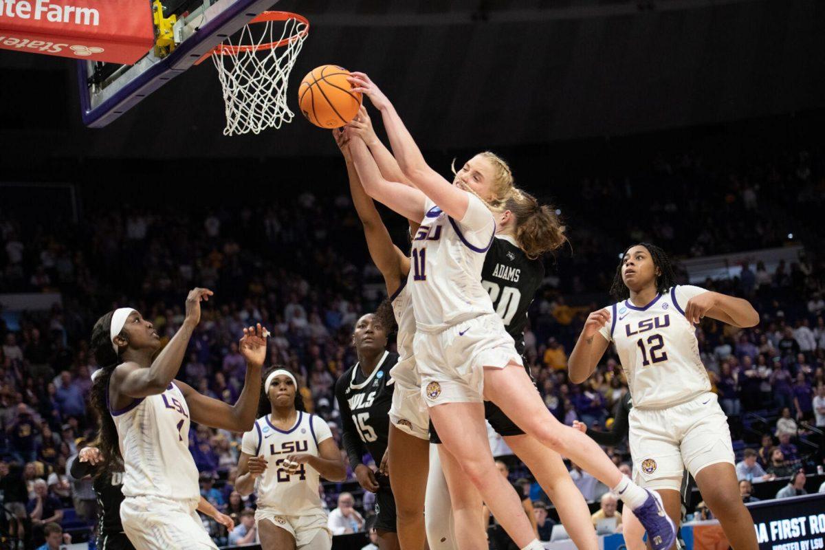 LSU women&#8217;s basketball graduate student guard Hailey Van Lith (11) tries to block the ball Friday, March 22, 2024, during LSU&#8217;s 70-60 first-round NCAA March Madness tournament victory against Rice at the Pete Maravich Center in Baton Rouge, La.