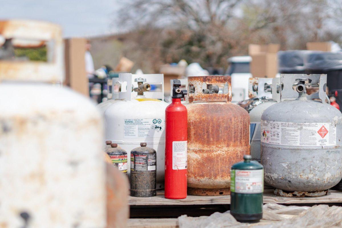 Various tanks sit together Saturday, March 2, 2024, at the Household Hazardous Materials Collection Day on LSU's campus in Baton Rouge, La.